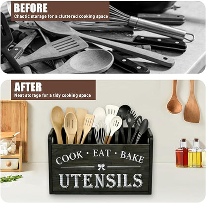 Wooden Kitchen Utensil Holder for Counter, 3 Compartments Utensil Caddy for Knife Spoon Fork Cooking Spatula, Rustic Silverware Organizer for Countertop Flatware Cutlery Storage, Farmhouse Decor