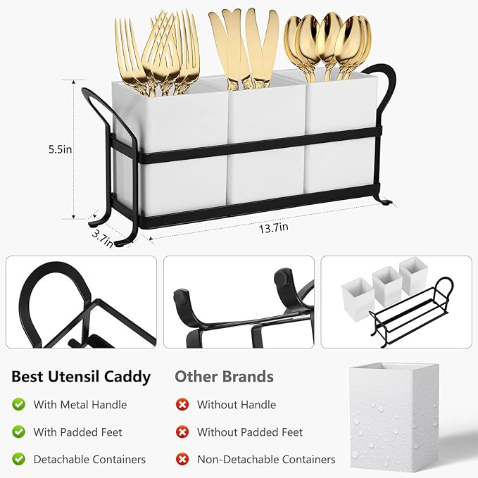 Utensil Holder with Drain Holes, Real Resin Silverware Caddy for Party Countertop,Cutlery Holders Silverware organizer for Spoon and Fork, White Black