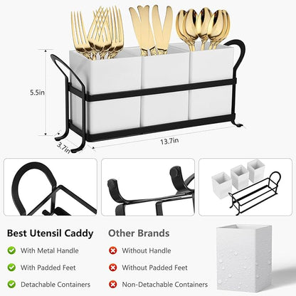 Utensil Holder with Drain Holes, Real Resin Silverware Caddy for Party Countertop,Cutlery Holders Silverware organizer for Spoon and Fork, White Black