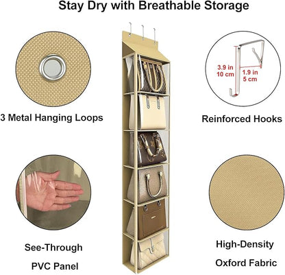 Lirex Over The Door Purse Organizer & Purse Shelf for Closet – Handbag Storage Organizer with Purse Hanger. Perfect for Scarves, Hats, and Leggings. L (15.7'' x 5.7'' x 68''), Khaki