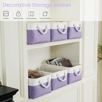 Storage Baskets for Shelves 13.8x9.8x6.7 Inch, Foldable Fabric Storage Bins with Handles, Small Storage Baskets for Organizing Closet, Office, Home Organization (6-Pack, White&Purple)
