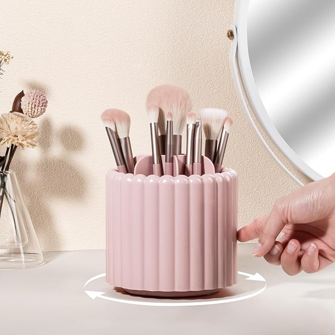 Anyoifax 360 Rotating Makeup Brush Holder 7 Slots Make Up Brush Organizer Removable Spinning Cosmetic Brushes Storage Pen Holder for Vanity, Dresser, Desk, Pink
