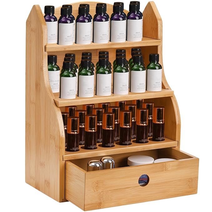 Dicunoy Essential Oils Storage Case, 46 Slots Nail Polish Shelf Display Rack with Drawer, Bamboo 3 Tiers Essential Oil Organizer Holds 10/15/20/30ml Bottles for Home, Cosmetic Shelf, Fairs, Shop