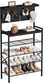 Tall Shoe Rack, 6-Tier Wooden Shoe Storage with Hole Panel, 7 Hooks, for 16-20 Pairs, Wooden Top Shelf, Sturdy, Industrial, Entryway Organizer, Closet Hallway Bedroom Dorm, Black