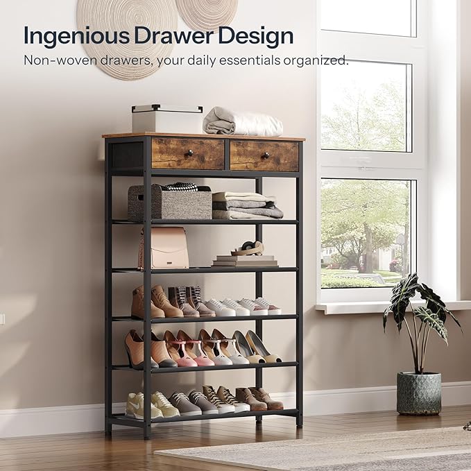 HOOBRO Shoe Rack, 6 Tier Shoe Storage Organizer with 2 Non-Woven Drawers, 15-20 Pairs of Shoes for Entryway, Shoe Shelf with 5 Oxford Fabric Shelves and Wooden Top, Closet, Rustic Brown BF79XJ01