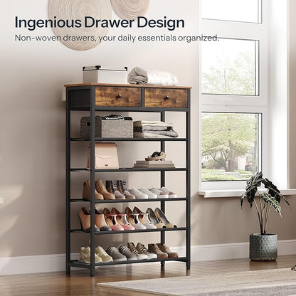 HOOBRO Shoe Rack, 6 Tier Shoe Storage Organizer with 2 Non-Woven Drawers, 15-20 Pairs of Shoes for Entryway, Shoe Shelf with 5 Oxford Fabric Shelves and Wooden Top, Closet, Rustic Brown BF79XJ01
