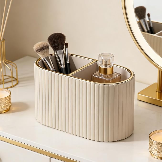 KINGFOM Makeup Brush Holder Organizer with Divider, PU Leather Vanity Brush Holder for Bathroom Countertop & Dressing Table, Cosmetic Desktop Storage Caddy for Makeup Tools Oval, Gift for Women Beige