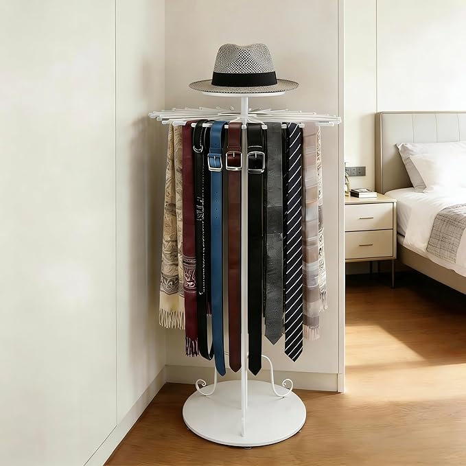 White 360°Rotating Scarf Display Tie Rack Belt Hanger Shawl Hijab Stand, Boutique Retail Display Stand Home Organizer Holder for Commercial Clothing Store, Bedroom(49.2in,30 Hanging Rods)