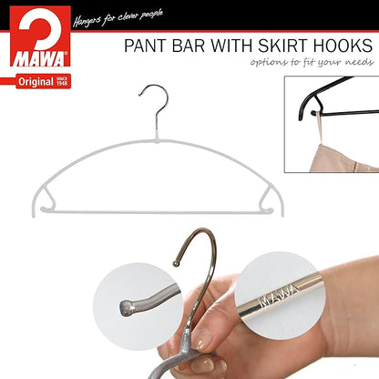 Mawa by Reston Lloyd Euro Ultra Light/Thin Series, Non-Slip Space Saving Clothes Hanger with Bar & Hook for Pants and Skirts, Style 42/PTU, Set of 10, White