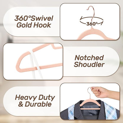 Sishynio Velvet Hangers 30 Pack with Rose Gold Hooks, Non-Slip, Space Saving & Heavy Duty Slim Flocked Hangers for Clothes, Dresses, Suits, Coats & Pants(Pink)