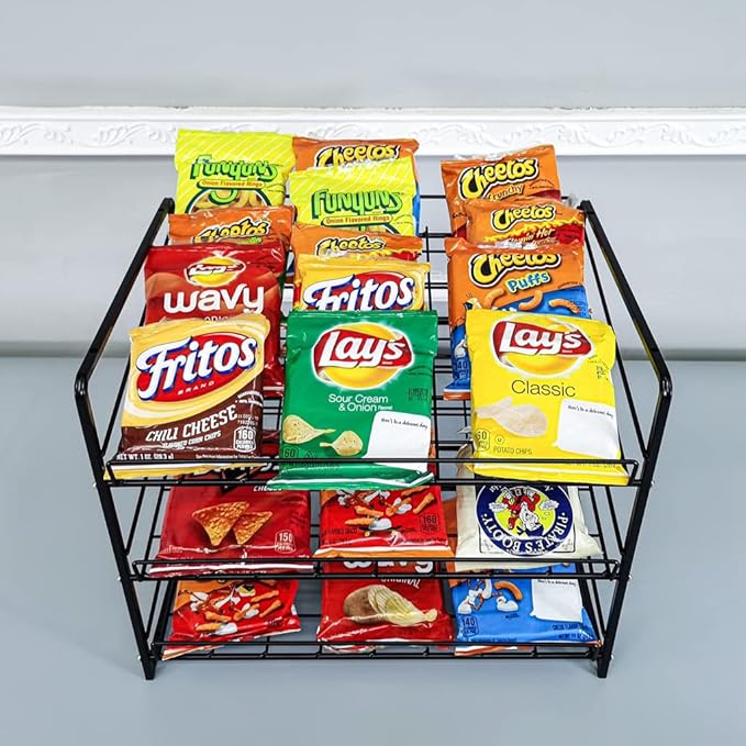 FixtureDisplays® Stackable Can Rack Organizer, Stackable Potato Chip Bag Storage Dispenser for Kitchen Cabinet or Pantry, Black 17.35" Wide x 12.8" Deep x 14" Tall 10145-2D