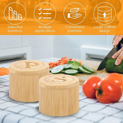 2 Layers Acacia Wood Salt & Pepper Bowl with Built-in Spoon and Magnetic Swivel Lid - Dustproof Salt Holder for Kitchen Serving (Wood)