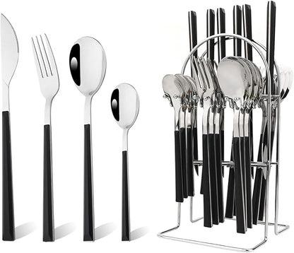 24piece Silverware Set with Hanging Holder, Stainless Steel Tableware Set With Cutlery Storage Rack, Decent Gift Box For Housewarming, Party, Dining - Black Silver, set of 6