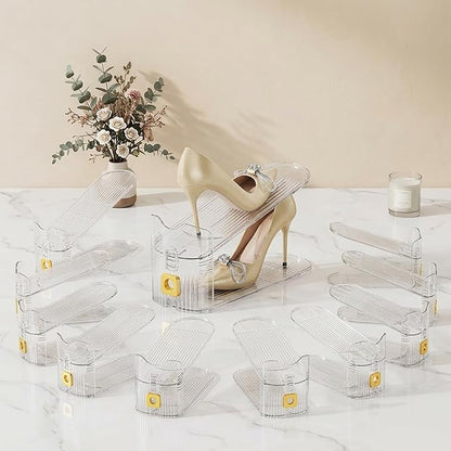 FUSHITON Shoe Organizer for Closet, Stackable Shoe Rack with 3 Adjustable Heights, Double Layer Space Saving Clear Holder for Small Apartment and Dorm Room, 10 Pack