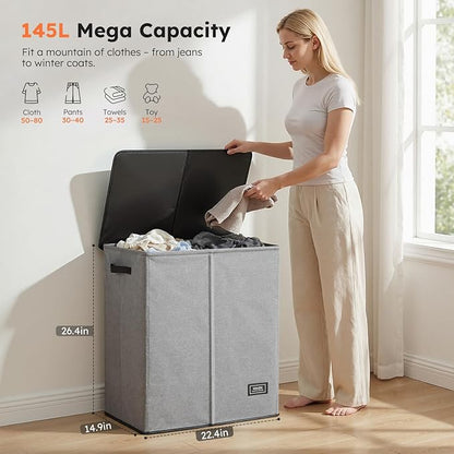 SOLEDI Double Laundry Basket with Lid and Removable bag, Large Laundry Hamper 2 Section with handles, Collapsible Dirty Clothes Hampers for Laundry, Bedroom, Dorm, College