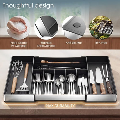 Extra Large Silverware Organizer, 9 Slot Expandable Kitchen Drawer Organizer, Utensil Holder, Heavy Duty Stainless Steel Frame Silverware Drawer Organizer, 8 Non-Slip Feet Included, BPA Free, Black