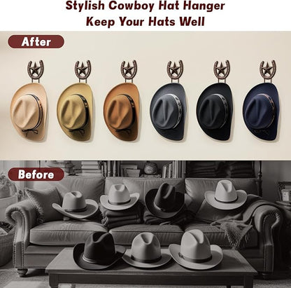 Cowboy Hat Rack Wall Mount 6 Pack Cowboy Hat Holder for Wall Western Hat Rack Horseshoe Hat Hanger Metal Iron Display and Storage for Entryway Closet Bedroom Living Room Western Gift Antique Bronze