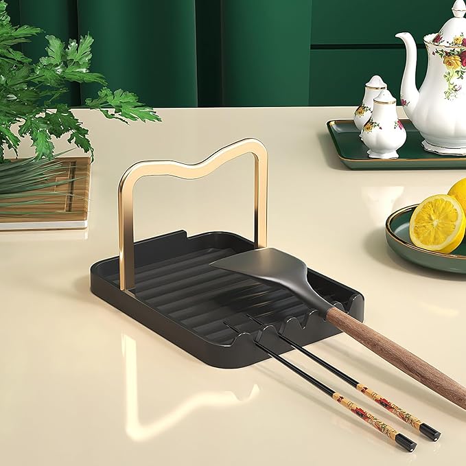 Stainless Steel Pot Lid Holder - Kitchen Organizer & Utensil Storage Rack with Detachable Drain Tray, Non-Slip Anti-Rust Countertop Space Saver for Spoons, Spatulas, Ladles, Tongs, Black Gold