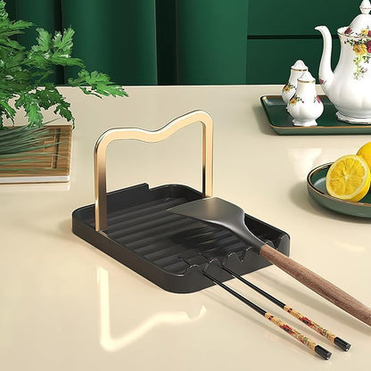 Stainless Steel Pot Lid Holder - Kitchen Organizer & Utensil Storage Rack with Detachable Drain Tray, Non-Slip Anti-Rust Countertop Space Saver for Spoons, Spatulas, Ladles, Tongs, Black Gold