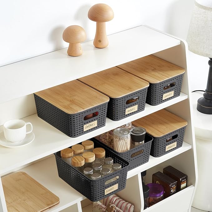 Bagnizer Small Plastic Storage Bins with Bamboo Lids 5.2qt Stackable Box Basket Pantry Decorative Containers Cute with Lable for Organizing Desktop Closet Office Gray of 6 packs 10 * 7.2 * 4.1"