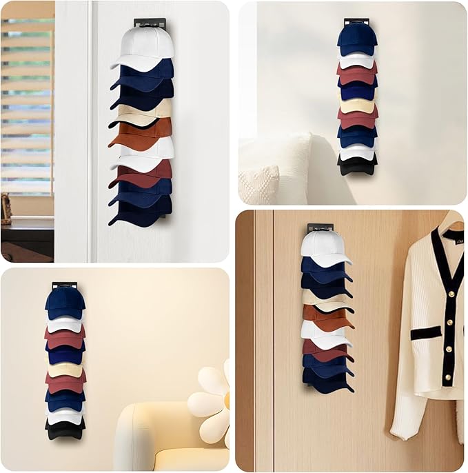 2 Pack Black Hat Organizer - Hat Rack for Wall & Cap Organizer, Strong Adhesive Multilayer Storage Holder, Wall Mounted Hooks Hold 18 Hats, Easy to Install for Bedroom & Closet Door