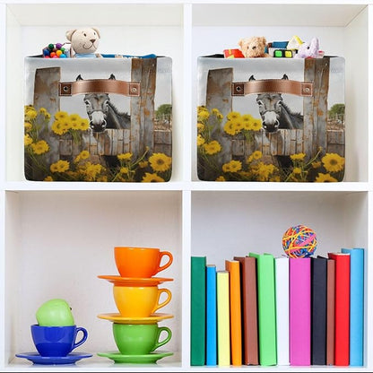 Storage Basket Donkey with Yellow Flowers Durable Canvas Collapsible Toy Box Organizer Bin with Handles for Shelf Closet Bedroom Home Office
