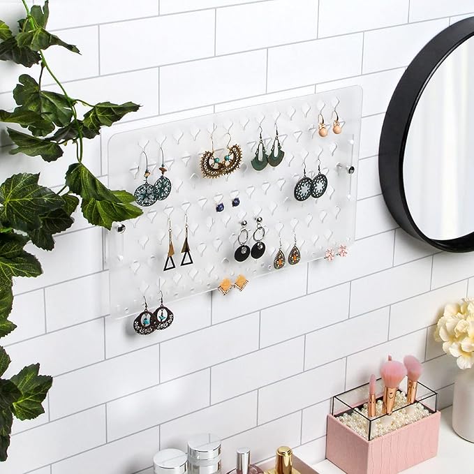 JACKCUBE DESIGN Wall Mount Earring Holder Organizer – Frosted Acrylic Jewelry Display Rack with 94 Holes (Frosted, 15.7 x 9.4 x 0.9 inches) - MK201B