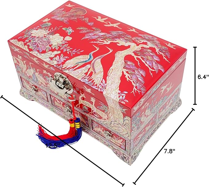 February Mountain Lockable Korean Mother-of-Pearl Jewelry Box - Najeon Chilgi Lacquerware with Crane and Floral Design, Vibrant Red Finish, Handmade