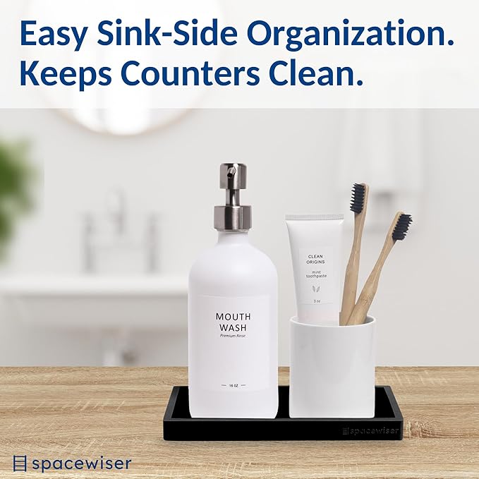 Spacewiser Countertop and Vanity Tray – Small 7.7” Silicone Tray, Soap Dispenser Trays, Bathroom Trays, Kitchen Soap Holder Sink Organizer Counter Caddy for Soaps Bottle Keys, Sponge Holder Dish Black