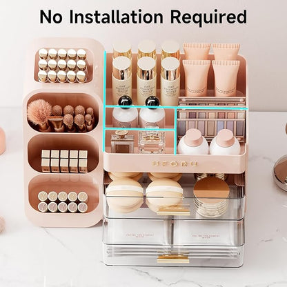 Makeup Organizer for Vanity with Brush Holder, Large Capacity Bathroom Countertop Skincare Organizer with 2 Drawers, Cosmetic Display Case for Perfumes, Eyeshadow Palettes, Nail Polishes