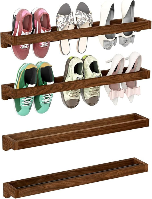 Nisorpa Set of 4 Rustic Burnt Wood Hanging Shoes Racks, 30 Inches Wall Mounted Shoes Storage Organizer Space Saving Footwear Holder for Closet, Mudroom, Entryway Narrow Spaces Shoe Organize
