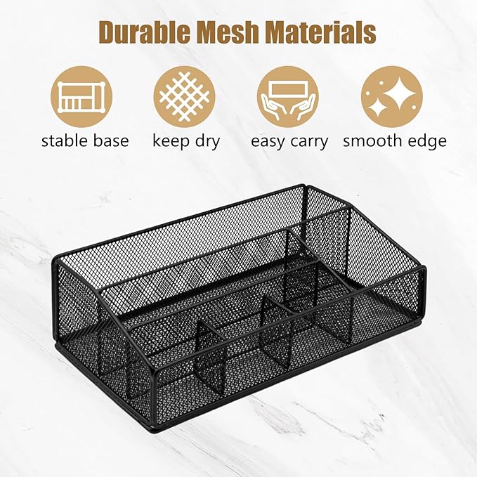 DysanVica Paper Plate Organizer for Countertop - Metal Silverware Caddy with 6 Compartments for Paper Plate Cup Napkin Utensil Holder Caddy for Party Camping Picnic Black