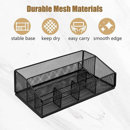 DysanVica Paper Plate Organizer for Countertop - Metal Silverware Caddy with 6 Compartments for Paper Plate Cup Napkin Utensil Holder Caddy for Party Camping Picnic Black