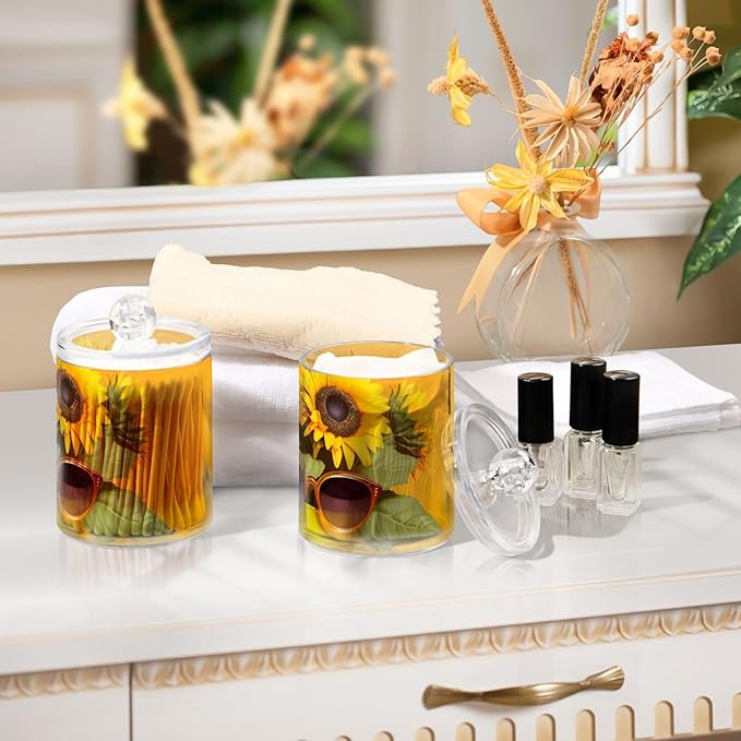 2 Pack Qtip Cotton Ball Holder Dispenser with Lid Funny Sunflower Print, Plastic Jars Bathroom Canisters Storage Organizer
