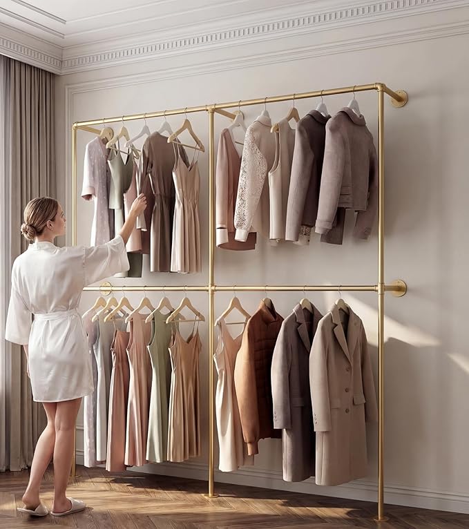 Gold Pipe Clothing Racks Wall Mount Gold Clothes Rack, Heavy Duty Industrial Pipe Clothes Racks Retail Display Hanging Rod for Closet Storage, Laundry Room