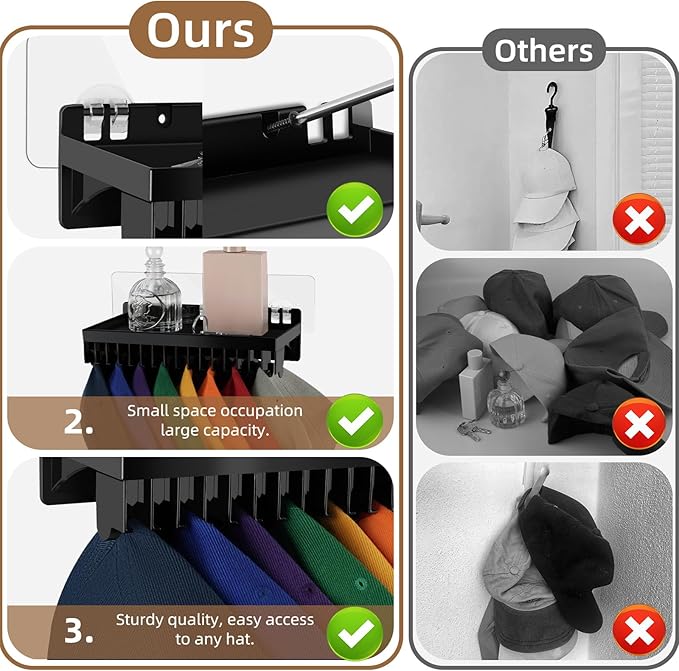 MAGTSMEI Multi-functional Baseball Hat Rack for Wall,Hat Organizer for Baseball Caps with Shelf,Over Door Hat Storage Holder Up to 16 Hats for Closet-Black