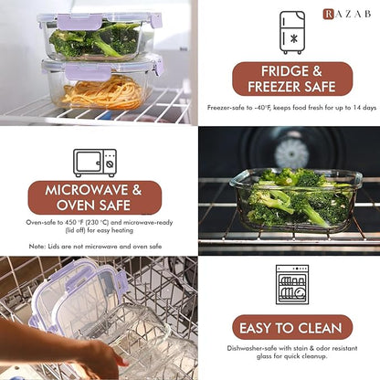 Razab 2 PC 1200ML / 41 Oz Glass Food Storage Containers with Lids - Airtight & Leakproof - Microwave/Oven/Freezer Safe - BPA Free - Ideal for Meal Prep, Storing Leftover & Lunch