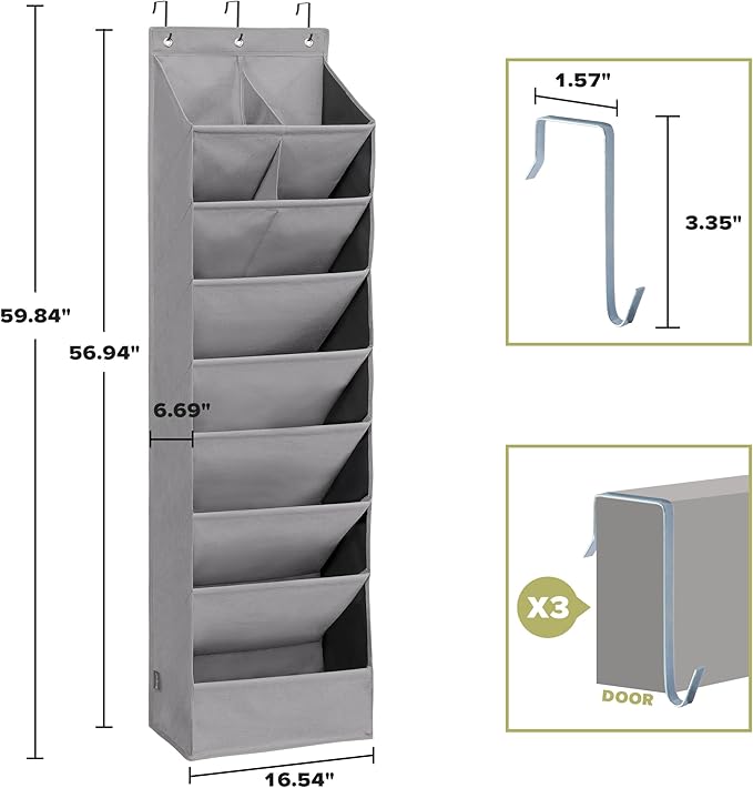 Over Door Organizer with 10 Extra Large Pockets, 23 Pairs Shoes Large Capacity Hanging Storage Organizer for Shoes, Diapers, Dark Grey, 8 Layers, 2-Pack