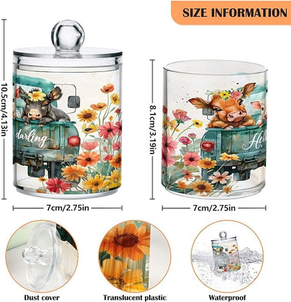 4 Pack Qtip Holder Dispenser Cow Pig Donkey Truck Cotton Ball Swab Round Pads Floss Clear Bathroom Storage Containers Plastic Apothecary Jars with Lids