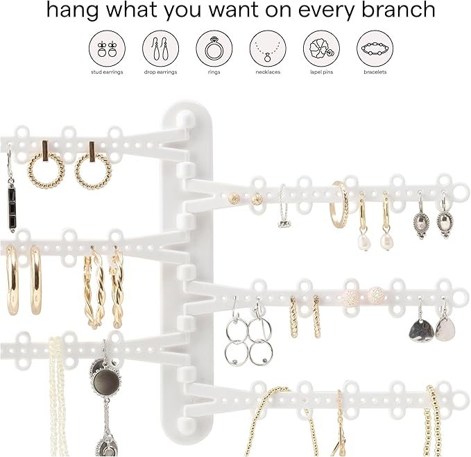 All Hung Up 6-Tier 6" Wall Jewelry Organizer, Command Strips included for Easy Hanging, 120 Hole Earring Organizer, Necklace Organizer, Bracelet Holder, Ring Holder, Rotating Branches (White 6-TIer)
