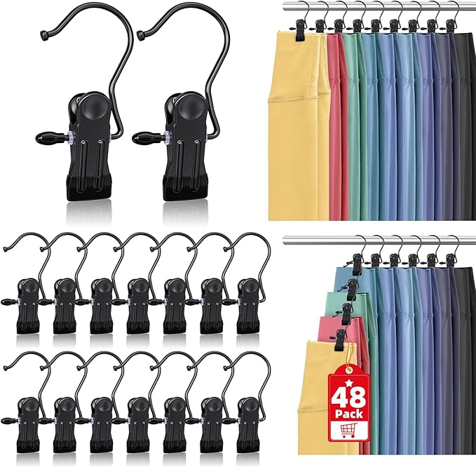 48 Pack Boot Hangers Clips for Closet, Laundry Hooks Hanging Clips Pants Hangers with Clips Legging Organizer Clothes Pins Hanger Clips for Closet Organizer Towel Socks Hats Jeans Home Travel Black