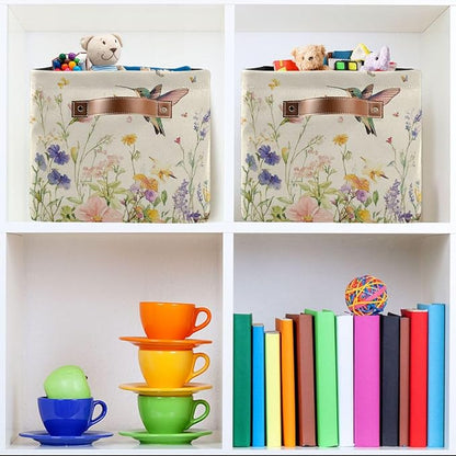 Spring Flowers Hummingbird Storage Basket Decorative Wildflowers Butterfly Summer Fabric Basket Bins Foldable Shelf Closet Storage Box Cube With Handle Organizer Basket For Kids Toys Clothes Bedroom