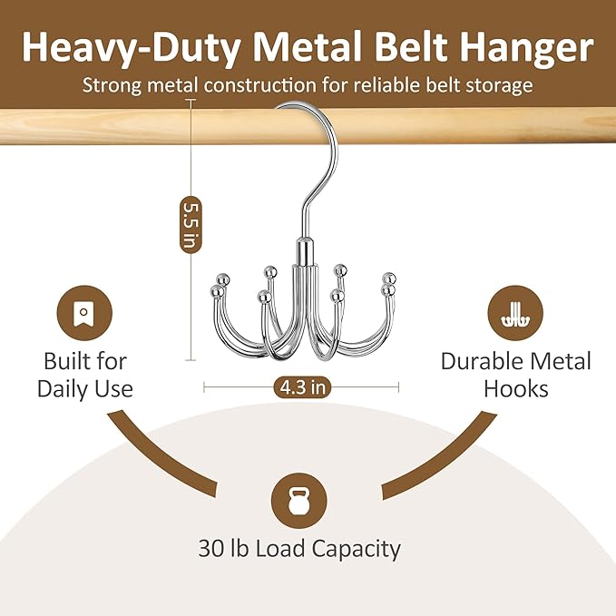 ZEDODIER 4 Pack Belt Organizer for Closet, Heavy-Duty Rotating Belt Hanger Rack Holds Multiple Belts, Hanging Space Saving Metal Belt Holder for Closet Storage, Silver