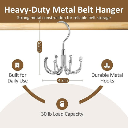 ZEDODIER 4 Pack Belt Organizer for Closet, Heavy-Duty Rotating Belt Hanger Rack Holds Multiple Belts, Hanging Space Saving Metal Belt Holder for Closet Storage, Silver