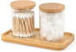 BKYFPQ Bamboo Vanity Tray, Bathroom Tray Organizer Glass Qtip Holder Dispenser Apothecary Jars for Cotton Swabs Balls, Round Pad, Perfume Candles, Cosmetics and Jewelry Storage Organizer
