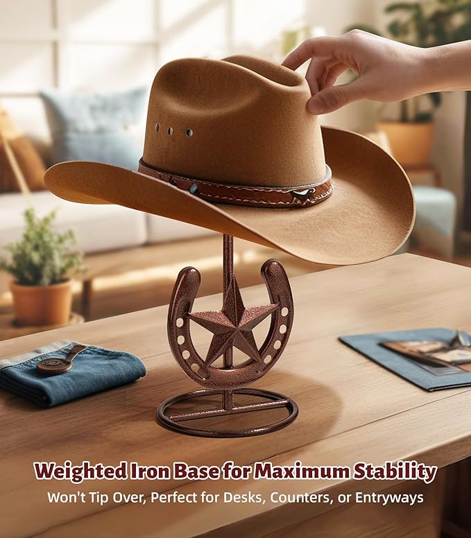 Cowboy Hat Stand, Hat Display, Western Horseshoe Decor, Cowboy Hat Holder, Hat Stands for Display Tabletop, Cowboys Gifts for Men, Desk Hat Rack for Fedora, Sun Hats,Straw Hats, Iron, Bronze, 2 Packs