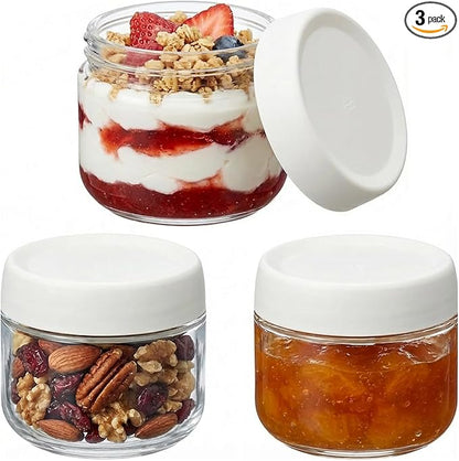 3Pack Overnight Oats Containers with Lids,10oz Glass Jar with Scew Lid,Salad Dressing Fruit Veggies Sauce Snacks Meal Prep Food Containers,Spice Jars,Wide Mouth Storage Containers