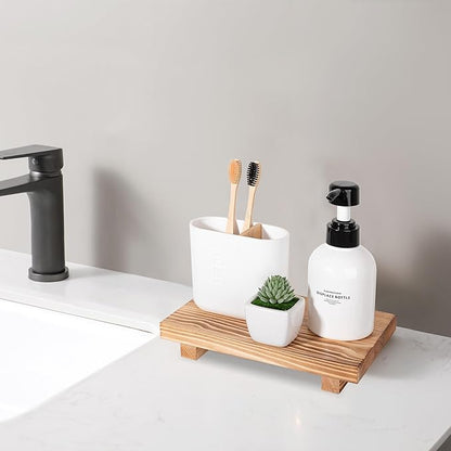 Bathroom Counter Organizer Wood Pedestal Stand Farmhouse Decorative Tray Soap Holder for Kitchen Decor, 9" x 6" - Brown