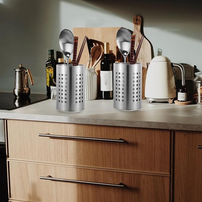 2PCS Stainless Steel Kitchen Utensil Holders for Countertop Spoon Holder Silverware , Chopsticks Holder Spoon and Fork Holder for Restaurant (12 X 12 X 18CM)