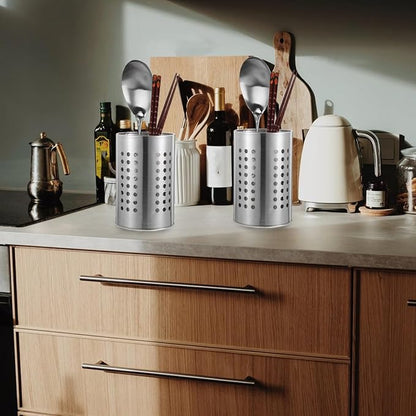 2PCS Stainless Steel Kitchen Utensil Holders for Countertop Spoon Holder Silverware , Chopsticks Holder Spoon and Fork Holder for Restaurant (12 X 12 X 18CM)